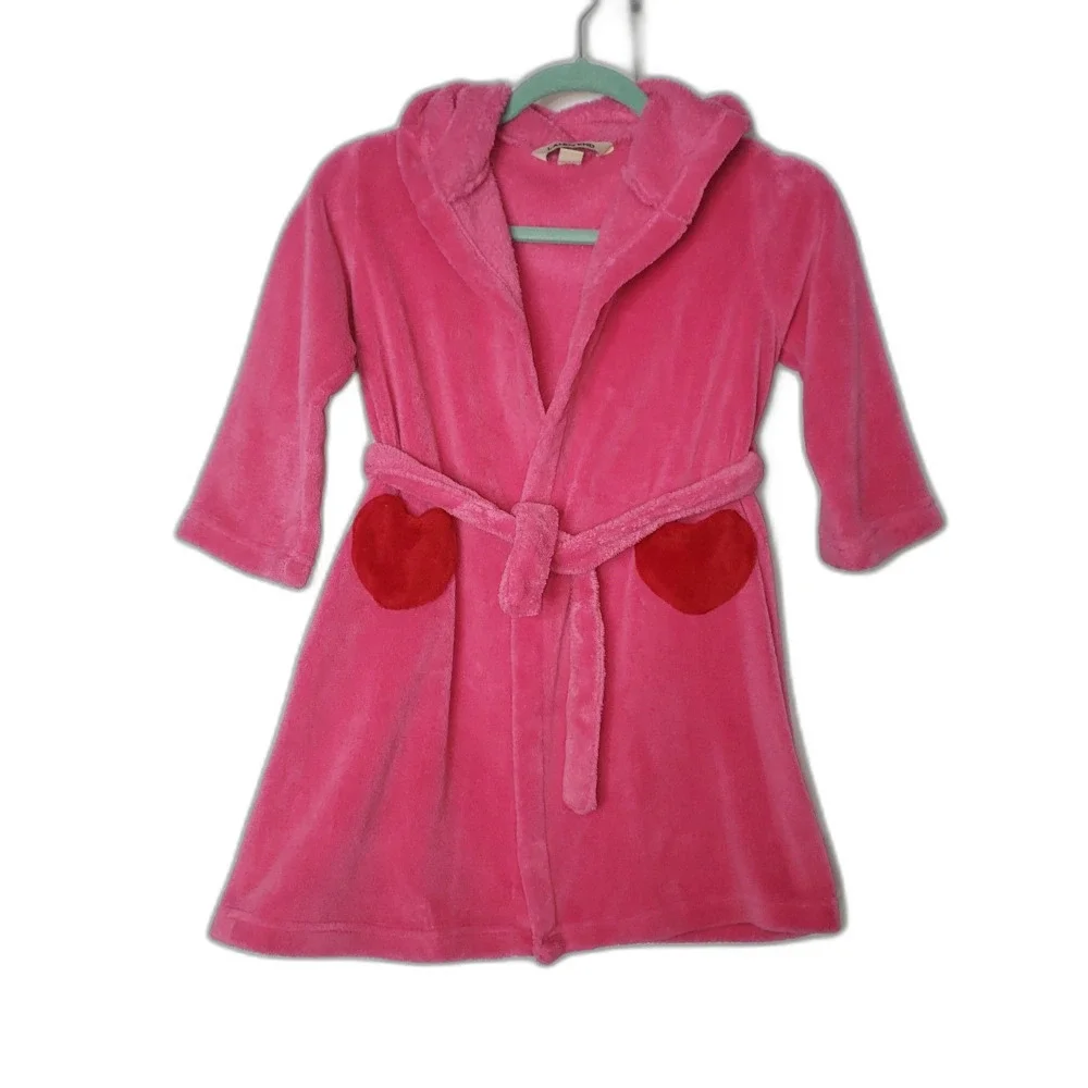 Lands End Pink Hooded Bathrobe Robe with Heart Pockets Girls Size 4